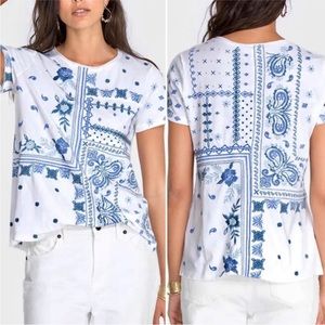 JOHNNY WAS NICO PATCHWORK EMBROIDERED COTTON TEE IN WHITE SIZE SMALL